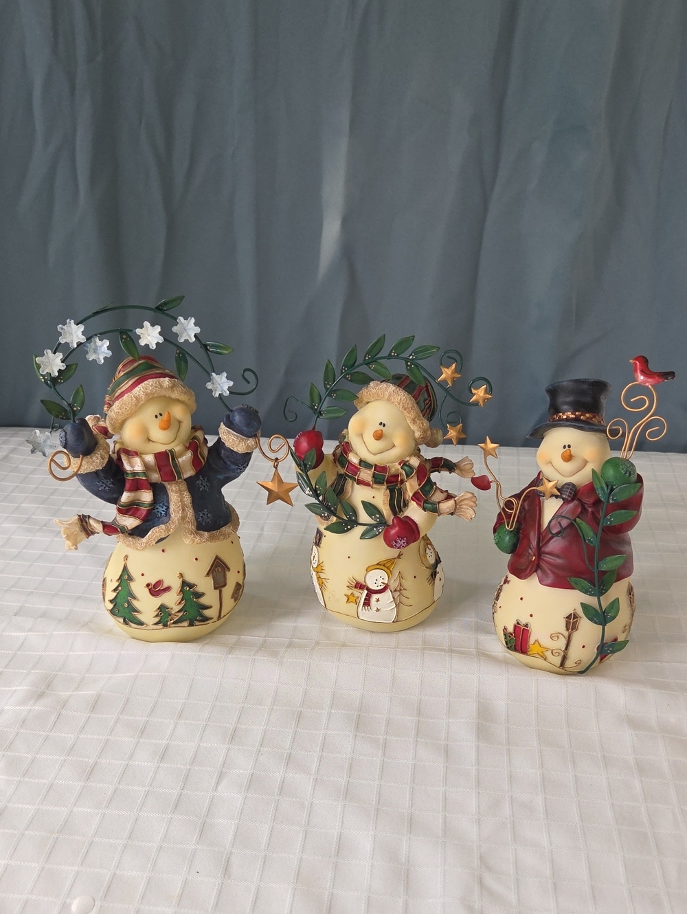 Home Interiors Cream Holiday Snowman Figurine Trio with Red & Green Accents